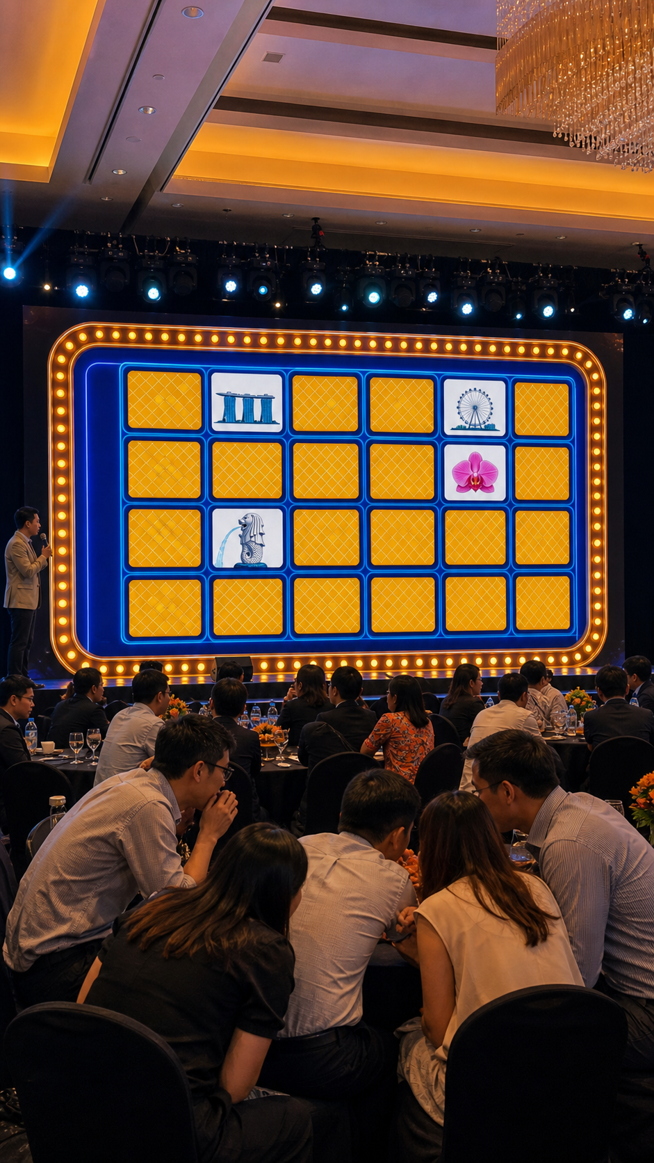 Realistic hotel ballroom photo of corporate teams watching the Classic Cards matching round on a large stage screen