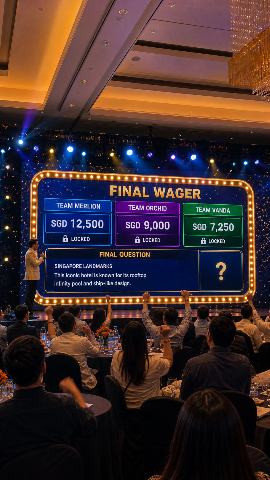 Realistic hotel ballroom photo of corporate teams watching the Final Wager leaderboard on a large stage screen